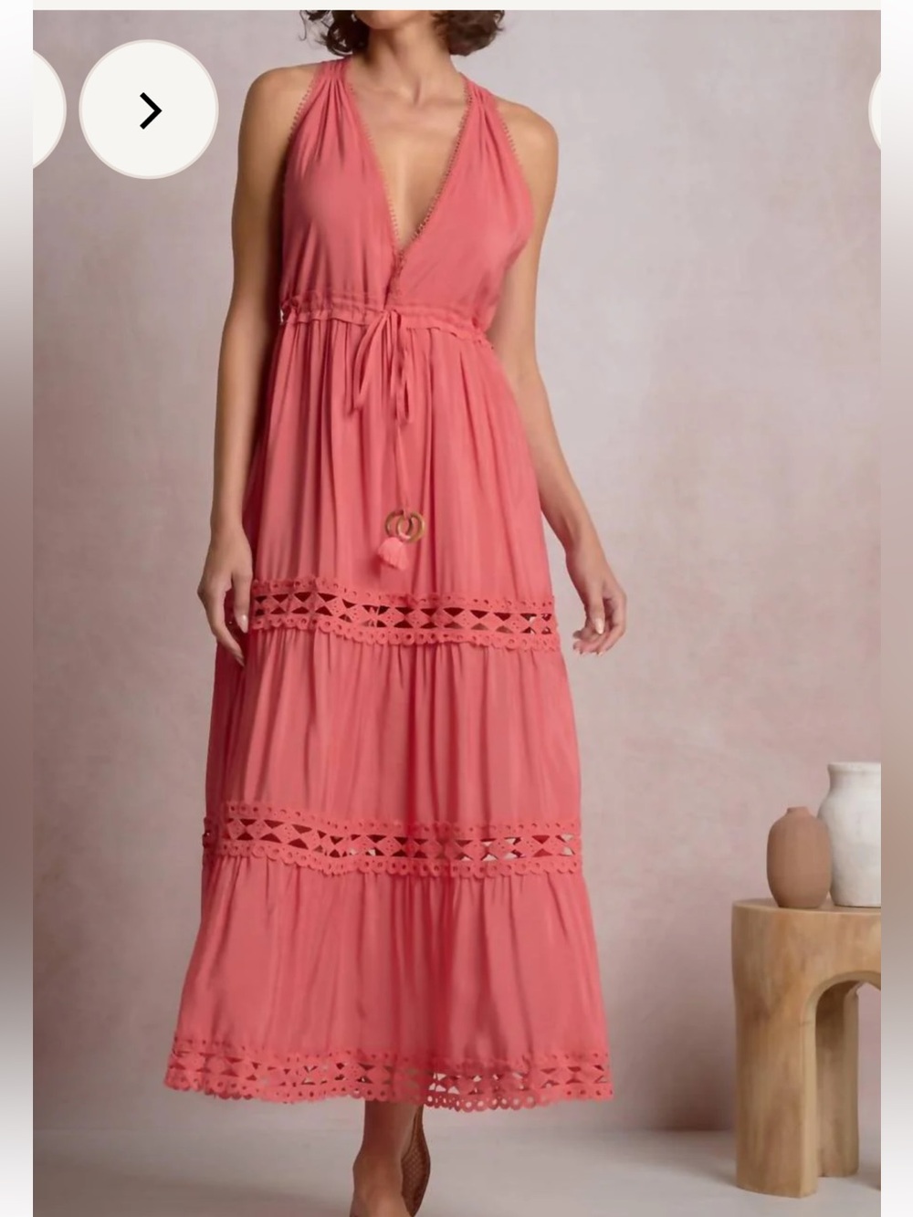 Elan Coral Halter Maxi Dress with Lace Insets